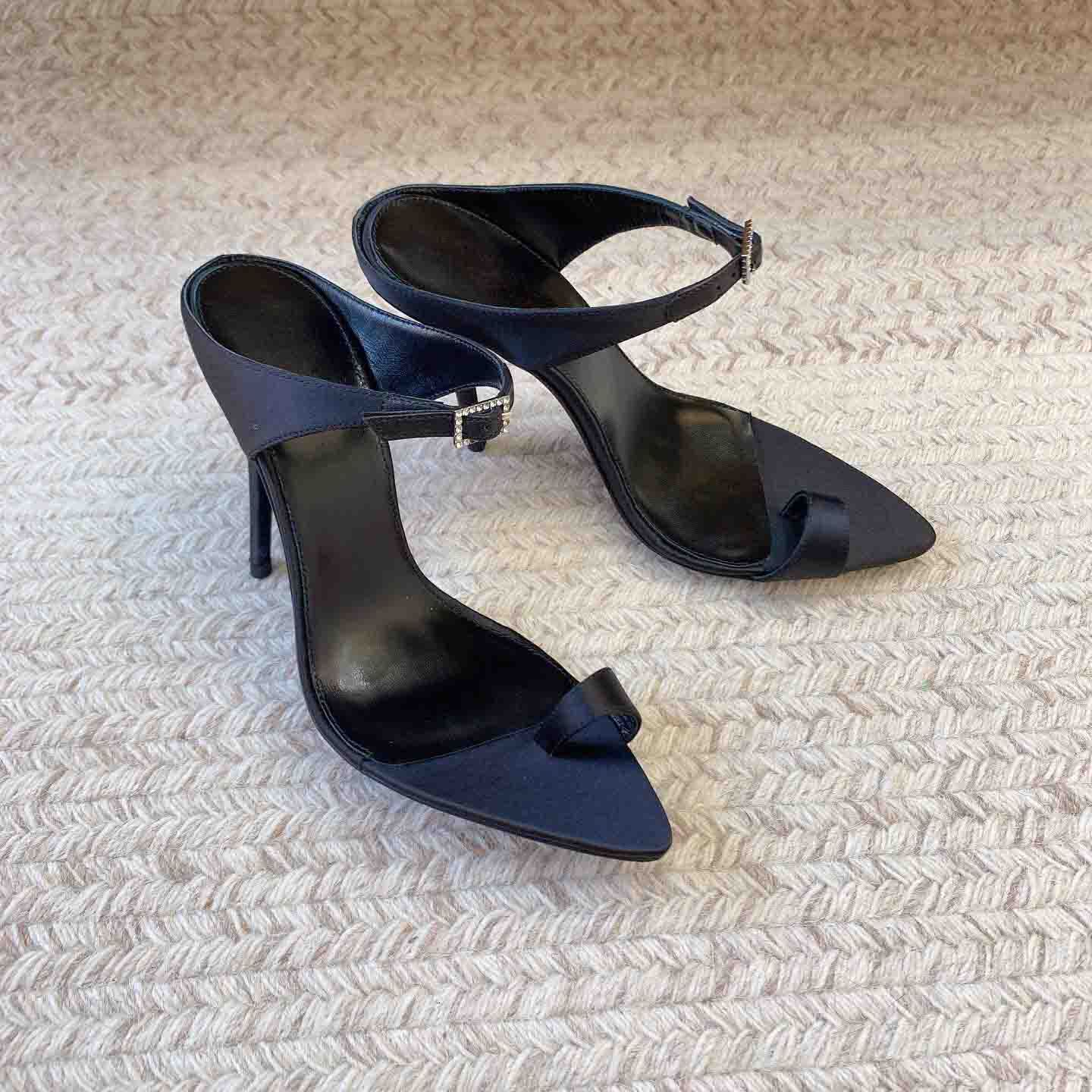 2023 New Mules Pointed Toe Slippers Silk Genuine Leather Rhies Buckle Women Shoes Sexy High Heels Atos De Mujer