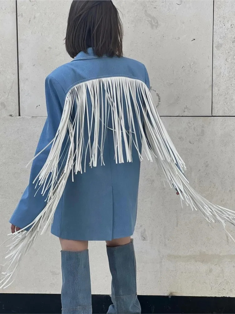 Tassel Denim Suits Jacket Flip Collar Single Button Commute Elegant Loose Casual Vintage Street Fringe Suit Top Women 241031