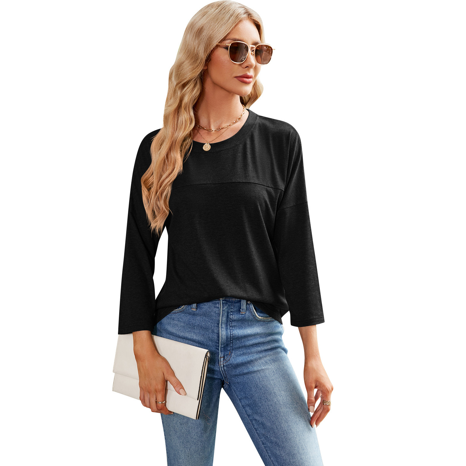 Designer's autumn and winter new solid color women's casual seven quarter sleeve round neck loose T-shirt