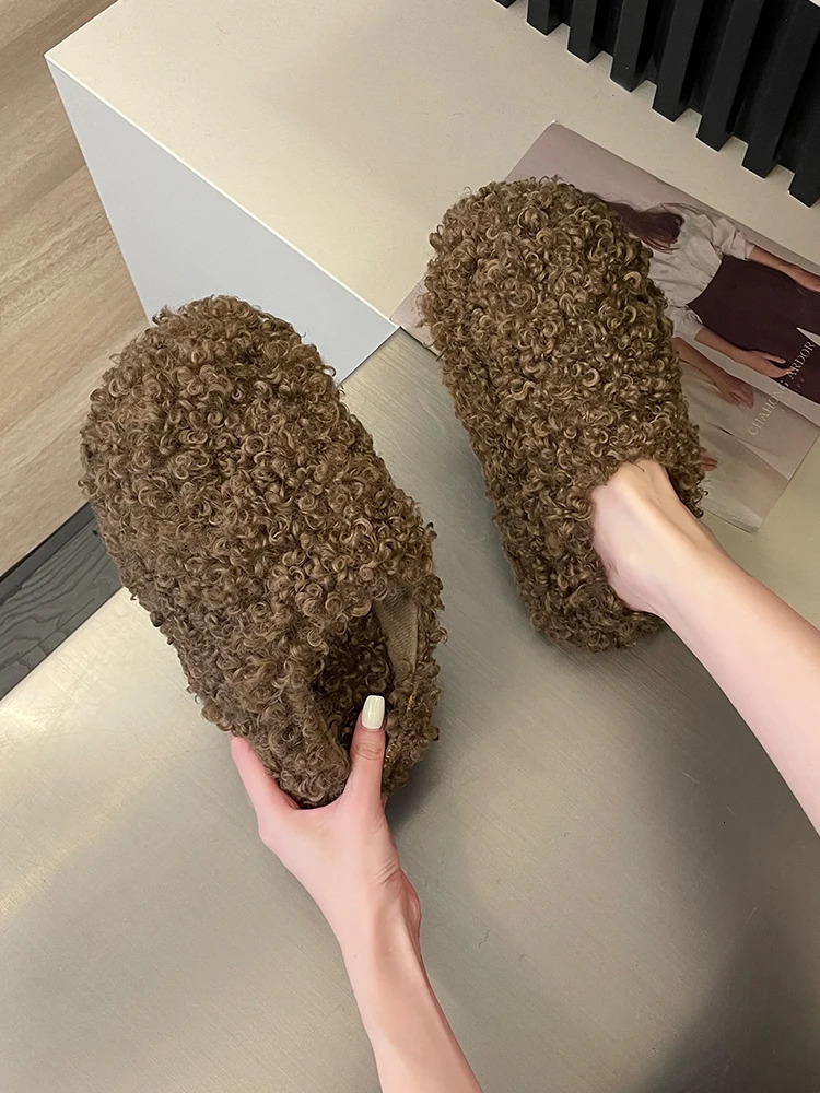 Winter womens sliding platform set toe Med slider fur flip cover Pantofle plush flat bottom rubber flat shoes 241031