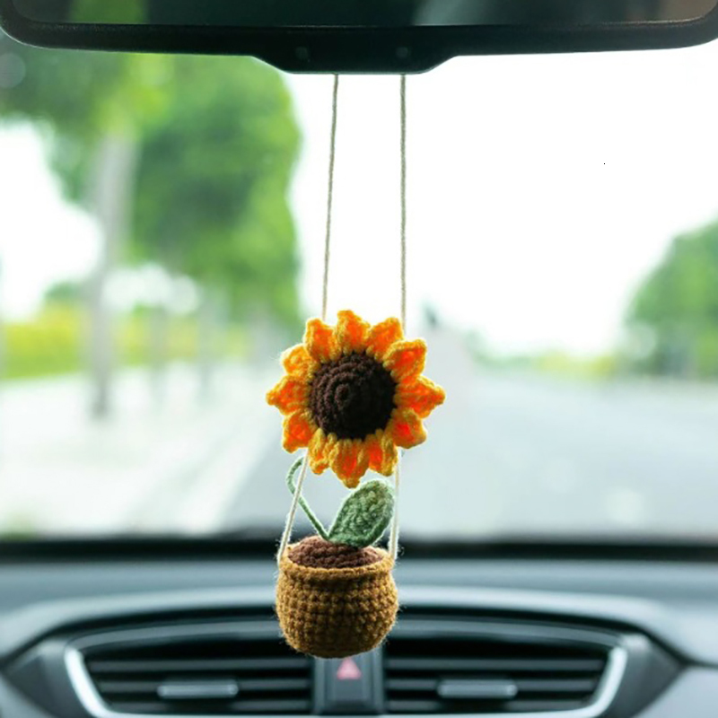 New 1Pcs Mirror Hanging Accessories Handmade Knitted Woven Finished Crochet Potted Plant Rear View Decor Car Interior Ornaments