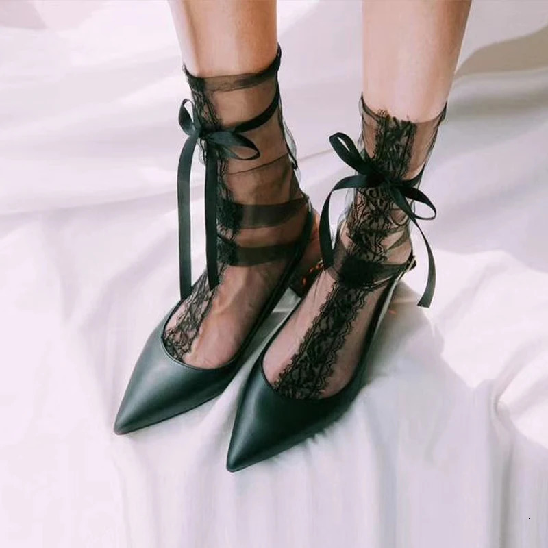 Sexy Lace Socks Womens Transparent Mesh Ultra-Thin Bow Cute Socks for Ladies Fashion Lolita Black White Socks Women 241031
