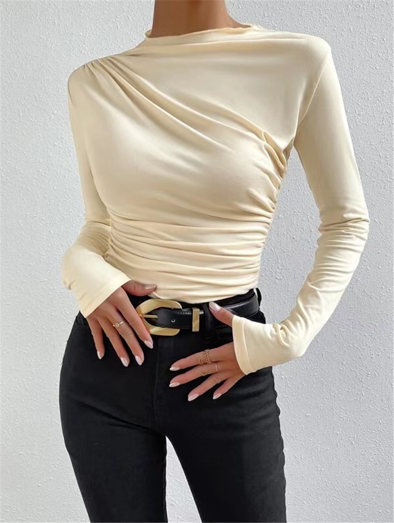 Designer 2024 autumn/winter solid color temperament slim fit versatile pleated design sense long sleeved top T-shirt for women