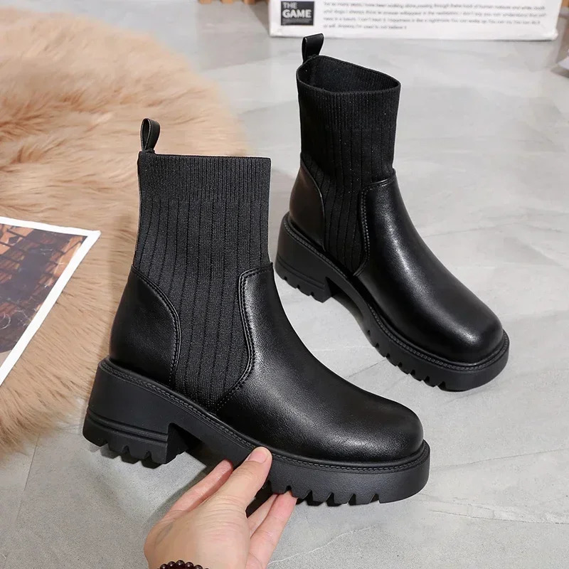 Autumn Winter Fashion Women Chelsea Boots Female PU Leather High Heels Boots Platform Shoes Ladies Knitted Sexy Ankle Boots 241030