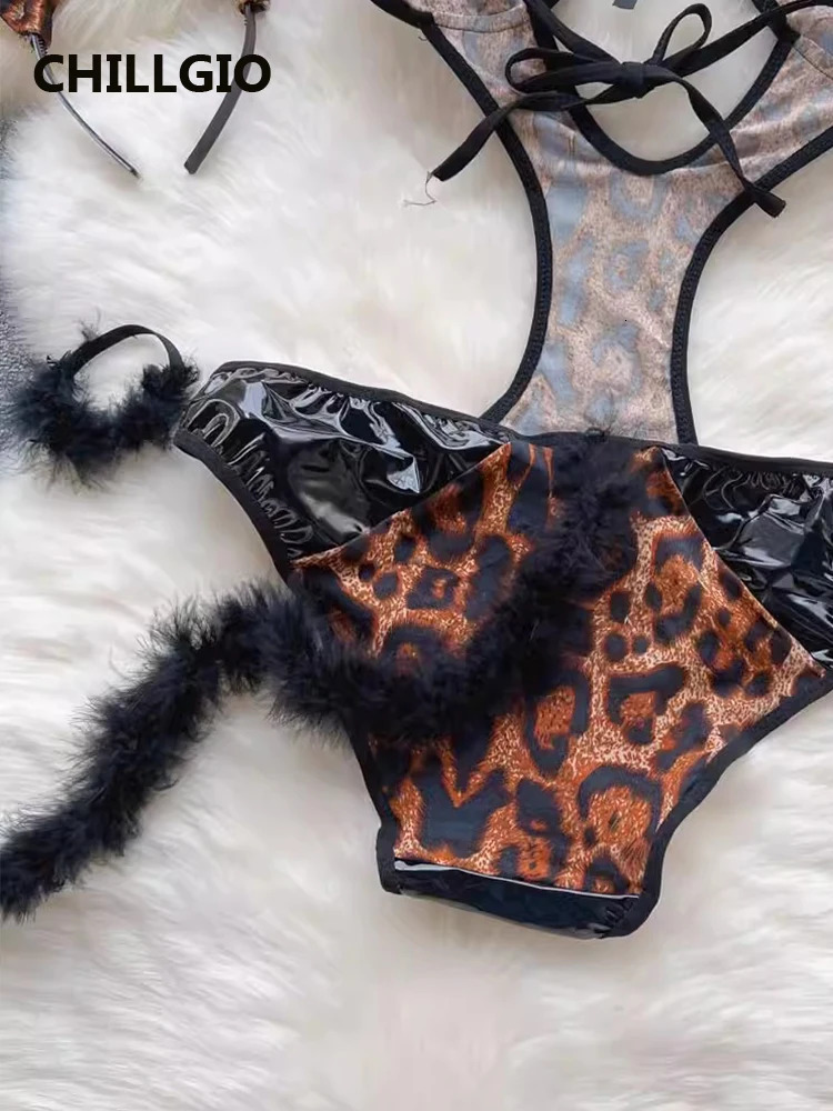 CHILLGIO Women Sexy Leopard Print PU Bodysuits Vintage sweet Rompers Fashion Bodycon One Piece Combination Onesie Lingerie 241031
