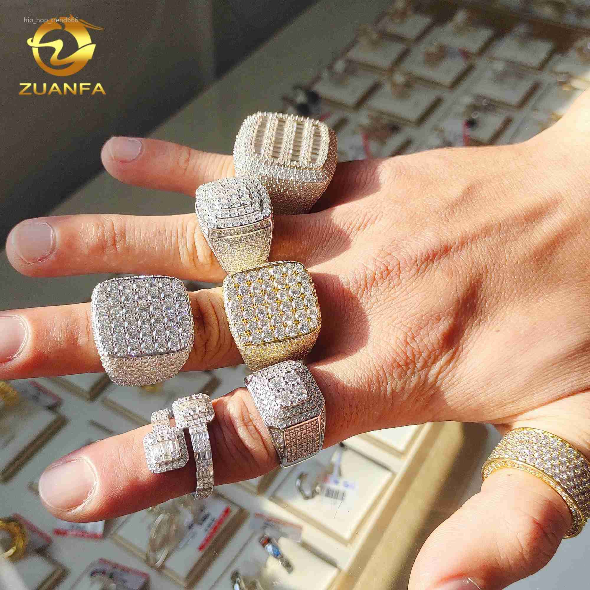 Iced out fashion jewelry men hip hop engagement moissanite rings 925 silver square shape baguette moissanite diamond rings