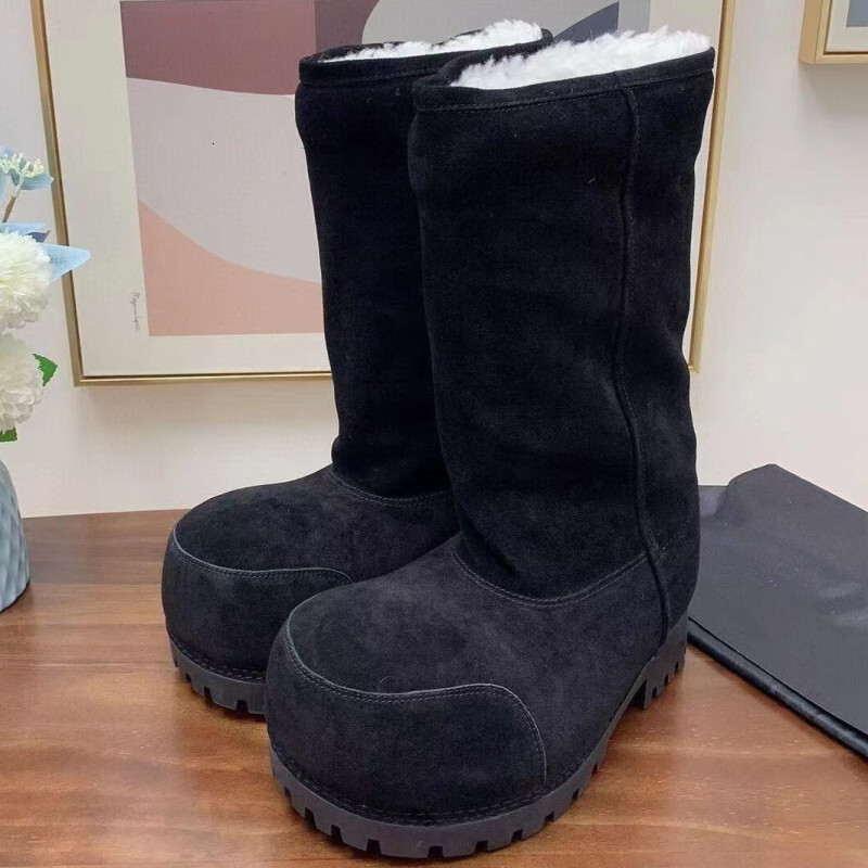 Winter Mid-Calf Plush Thick Sole Non-Slip Solid Color Women Classic Retro Genuine Leather Brown Long Boots