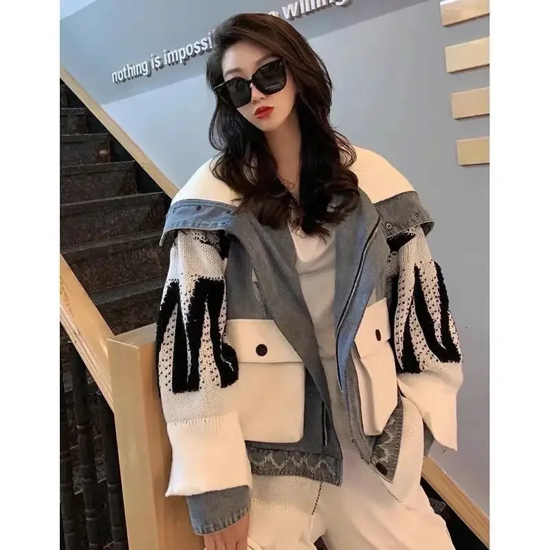 Womens Knitted Splicing Denim Jacket Autumn/Winter Sailor Collar Zipper Jeans Sweater Splicing Jacket Open Pocket 241025