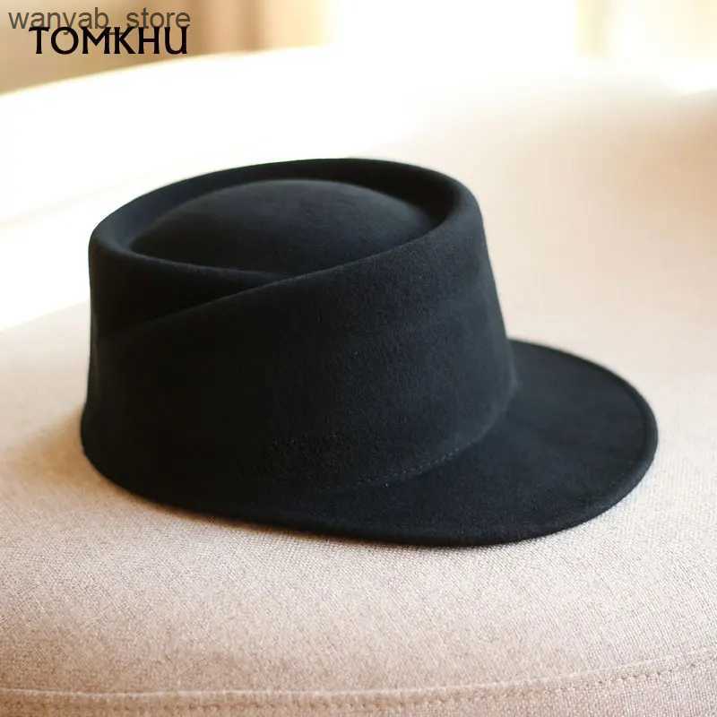 Stingy Brim Hats Winter Fedora Hat for Women Korean Flat Top Navy Wool Hat British Casual Black Gray Khaki Equestrian Hat Fashion High Quality L240910