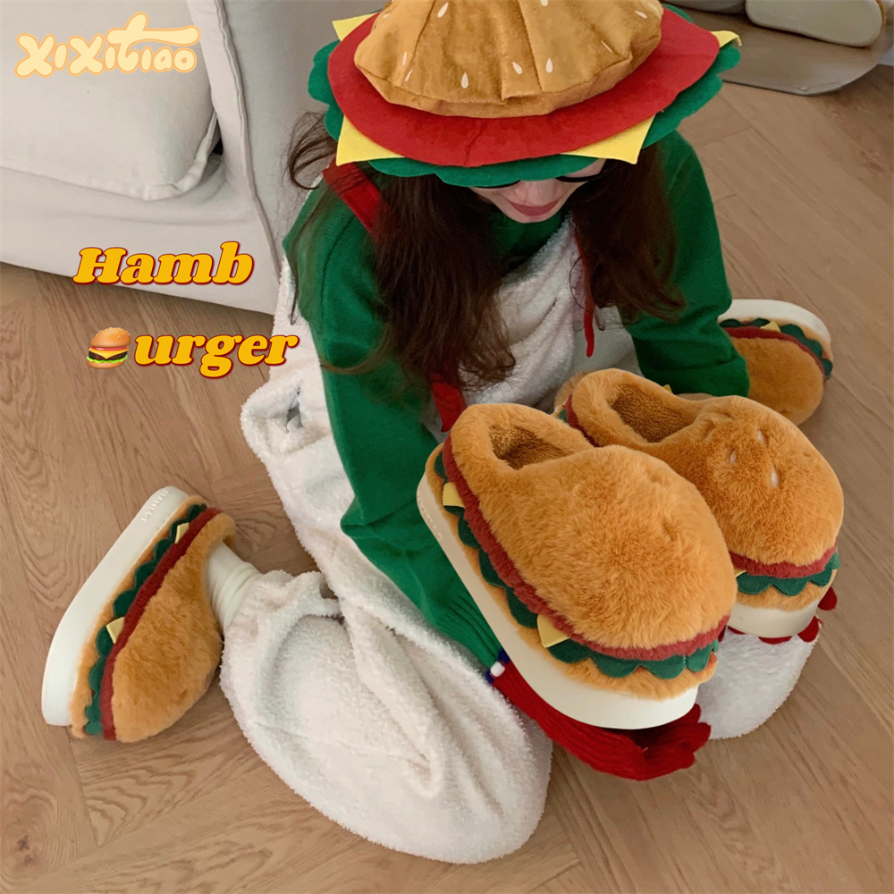 Women winter personality funny hamburger fluffy cotton slippers home bedroom warm and interesting shoes in winter
