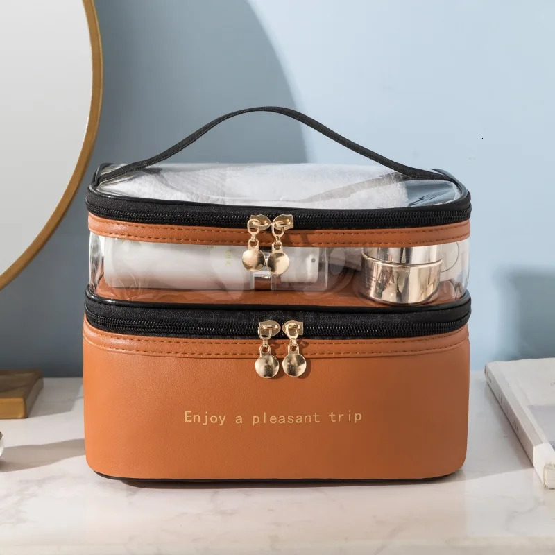 Waterproof PVC Womens Makeup Bag Portable Travel Leather Toilet Organized Storage Makeup Box Transparent Handbag 241031