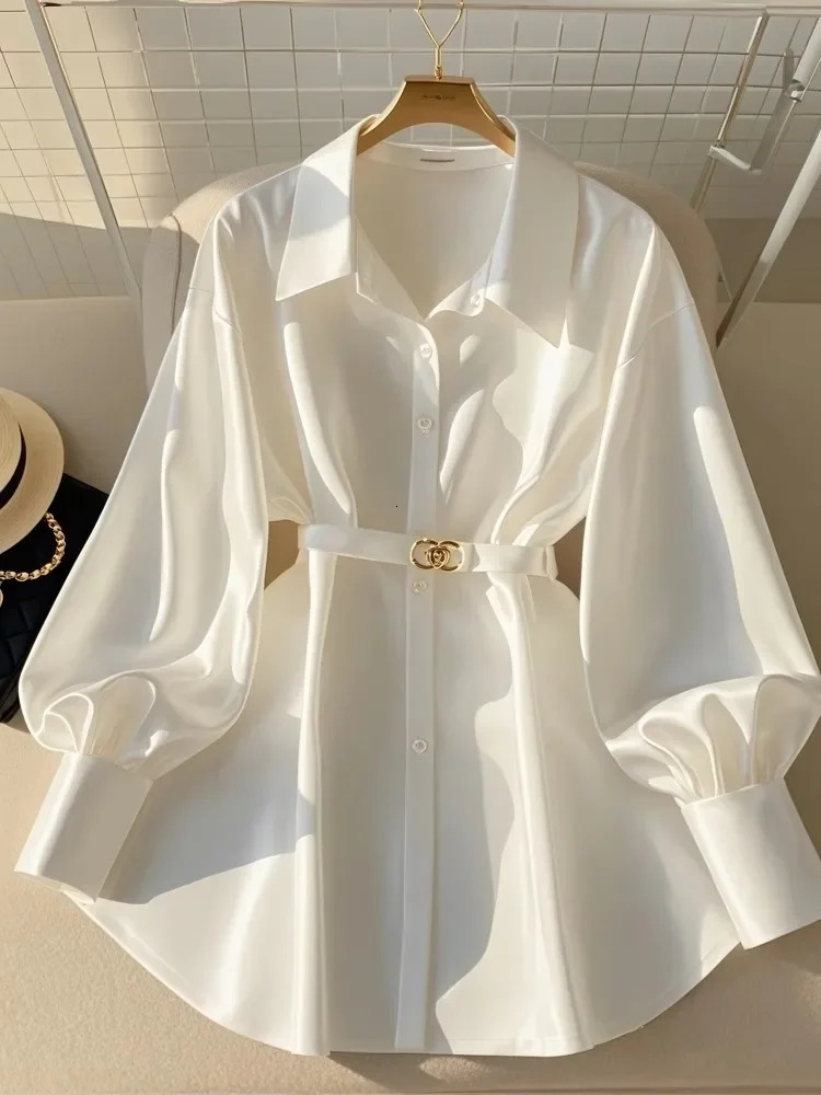 Autumn Fashion Blouses Women Clothing French y Mature Style Shirt Long Sleeve Waist Slimming White Tops 241031
