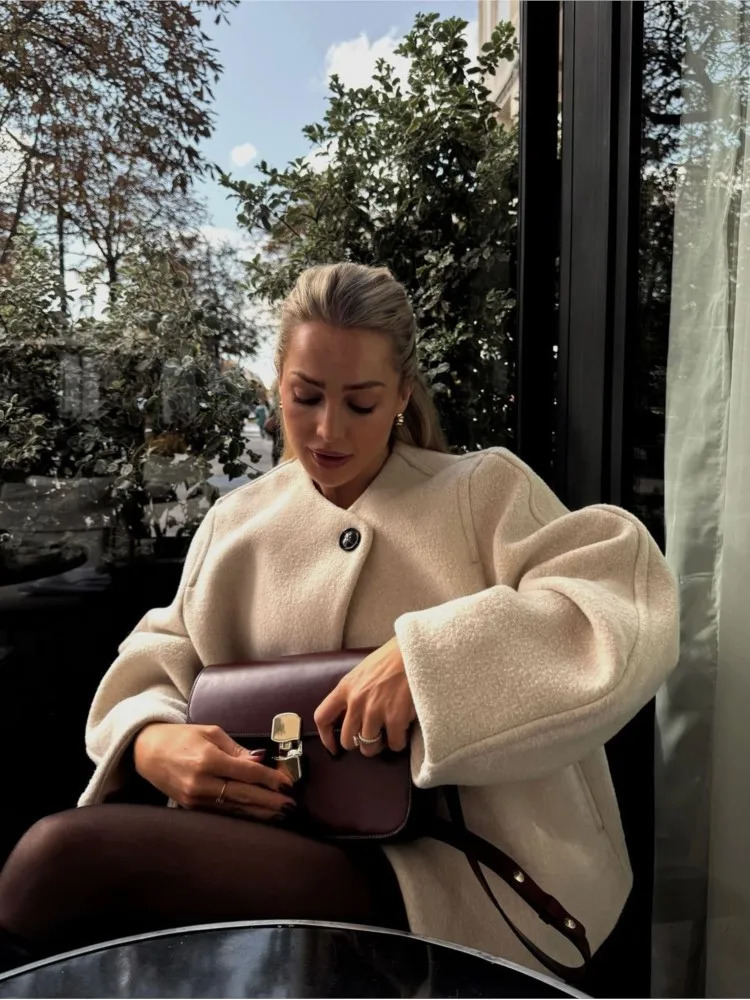 Womens Woolen Coat Cardigan Round Neck Korean Autumn Winter Casual Loose Short Cashmere Overcoat Minimalism Elegant Outwear Top 241031
