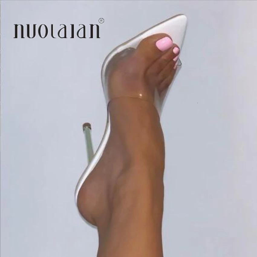 2024 Summer Women Pumps Transparent PVC Slippers Women Pointed Toe Metal Stiletto High Heels Sandals Ladies Mules Shoes 241031
