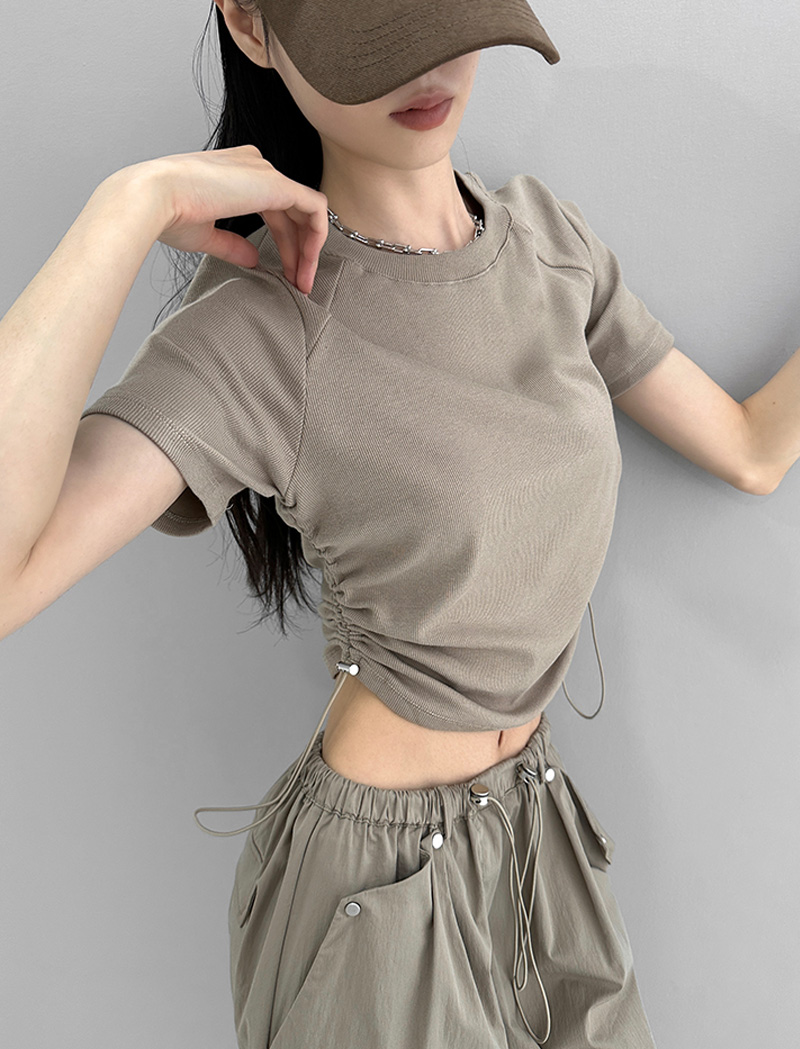 Dynamic girls in Europe and the United States wind positive shoulder small fly sleeve short-sleeved T-shirt female 2024 new solid colour ol spicy girl