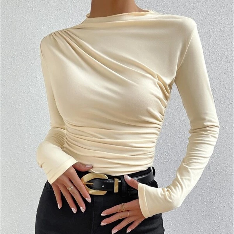 Designer 2024 solid color slim fit base shirt versatile pleated design sense long sleeved T-shirt women's top
