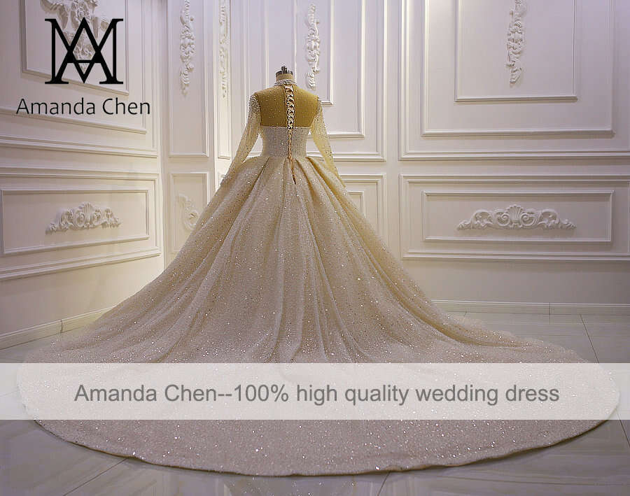 mariage High Neck Long Sleeve Handwork Crystal Pearls Wedding Dress