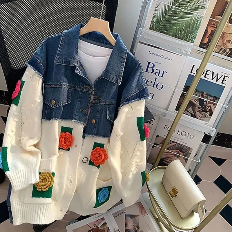 Fat MM denim stitched 3D floral sweater for womens spring/summer loose and lazy cardigan wool sweater for womens outerwear commuting 241025