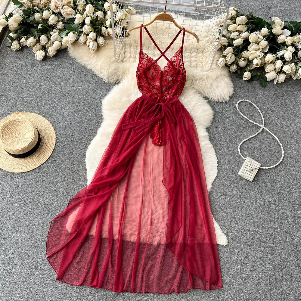 Womens Multicolour Transpar Sexy Charming Flowing Mesh Long Skirt With Girls V-neck Lace Hollowed out Flower Top Two Pieces Set 241031