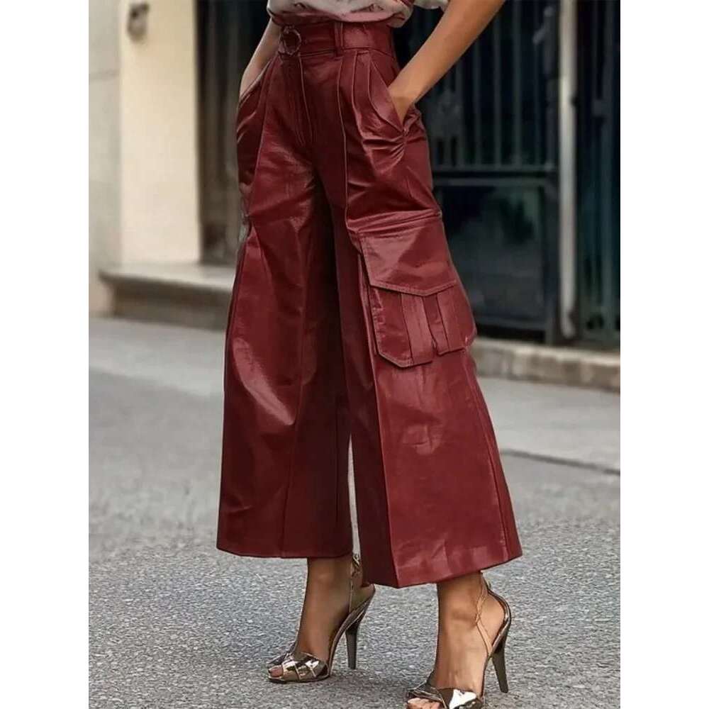 Modigirl Winter Women Faux PU Leather Pants Red Black High Waist Streetwear Clothes Womon 2024 Original Wide Leg Trousers