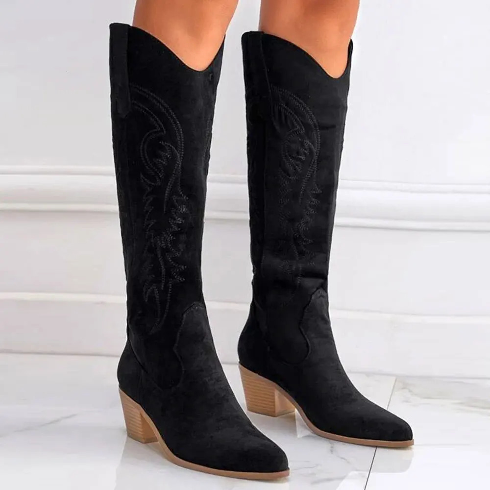 Cowboy for Women Faux Suede Leaf Scroll Embroidered Point Toe Chunky Heeled Knee High Western Boots Shoes Black White 241030 4