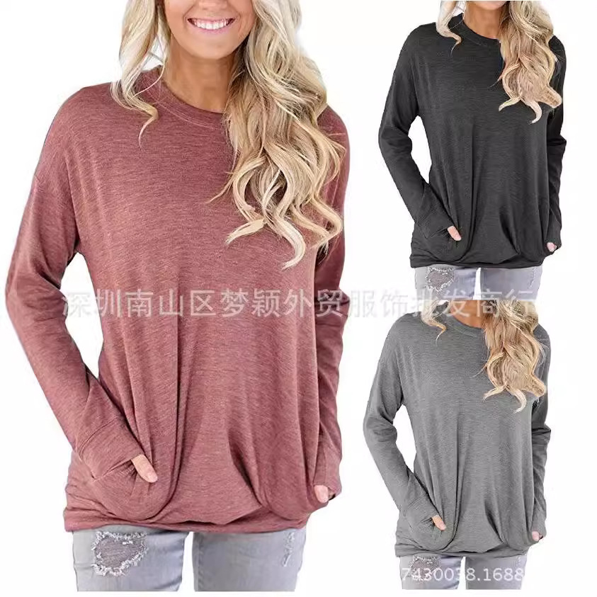 Designer's Autumn New Round Neck Bat Long Sleeve Pocket Decorative T-shirt