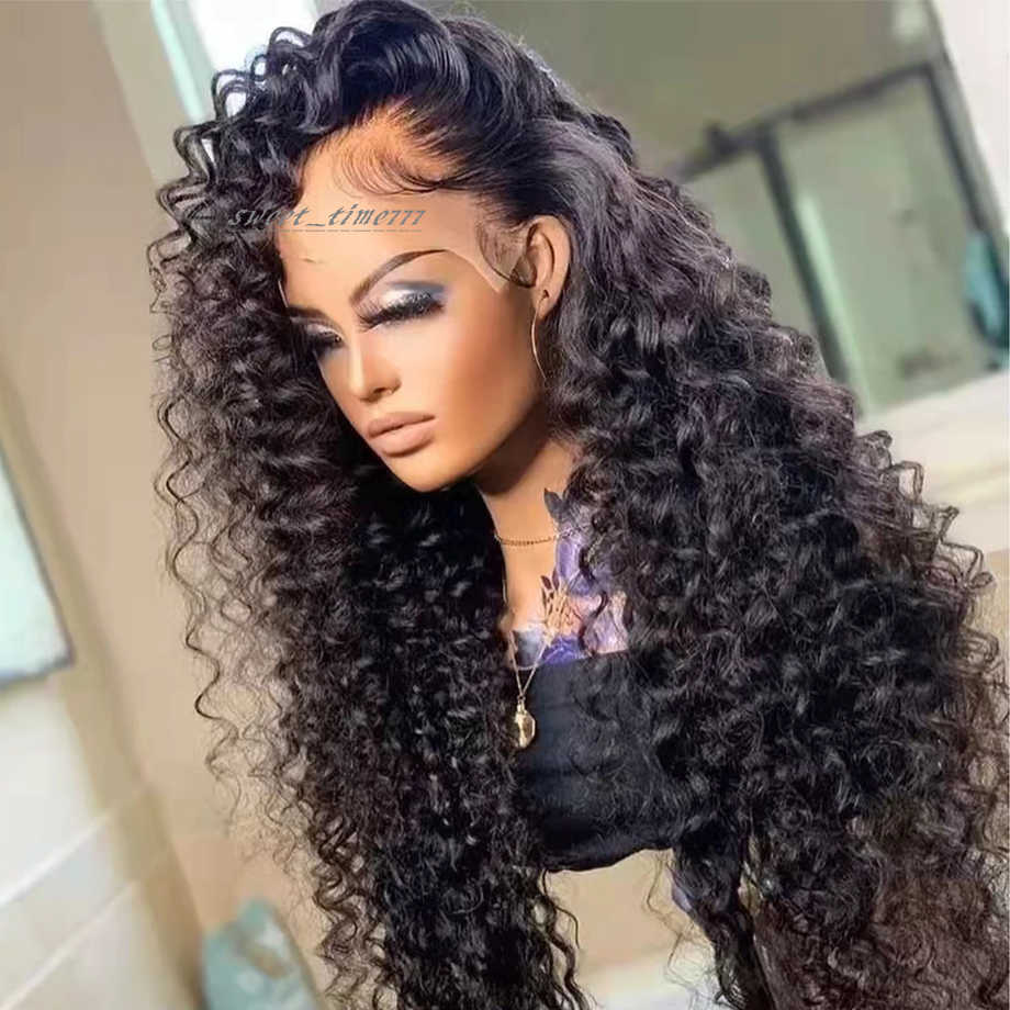 34Inch Black Curly Human Hair Wig Deep Wave Frontal Wig 13x4 Lace Frontal Wigs Water Wave Synthetic Wig For Black Women Pre Pluck