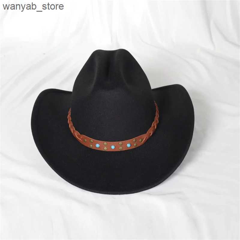 Stingy Brim Hats Big Eave Western Cowboy Hat Treasure Road Knight Hat Upset Top Hat Mens Roll Eave Top Hat Jewel Decoration Sombrero Hombre Caps L2409