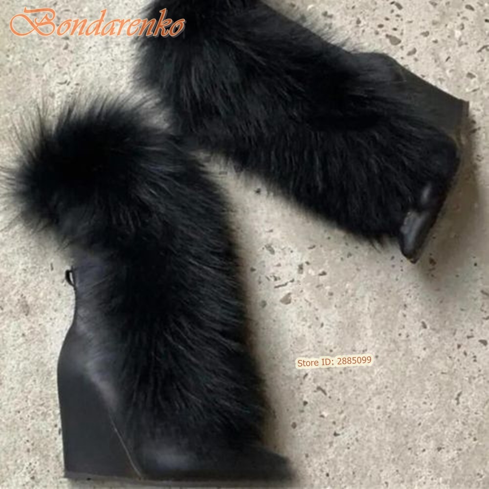 Fur Suede Wedges Pointy Toe Solid Mid Calf Lace Up Straps Boots Women Sexu Shoes Winter Party Designer New Style Fashion