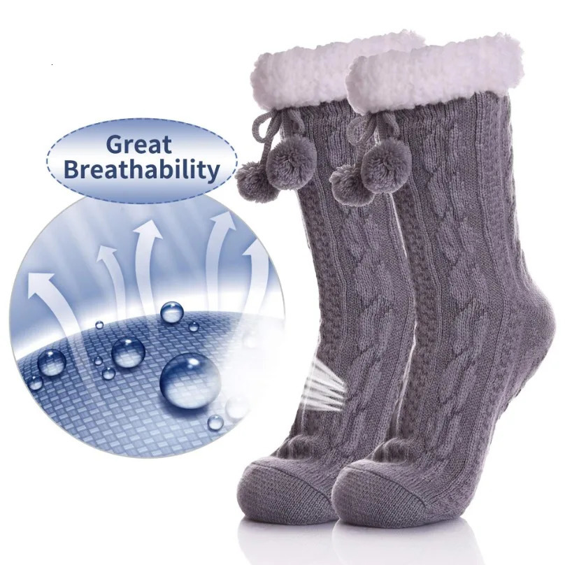 Womens Thermal Fuzzy Sock Comfy Floor Winter Sleeping Soft Female Plush Non Slip Grip Silicone Fur Ball Short Slippers Sock Home 241031