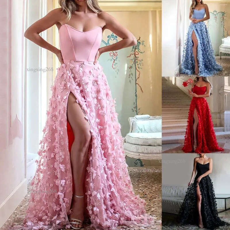Casual Dresses Women's 3D Embroidered Tube Top Mesh Sexy Elegant Tulle Floral Back Tie Hem Slit Prom Formal Evening Dress Maxi