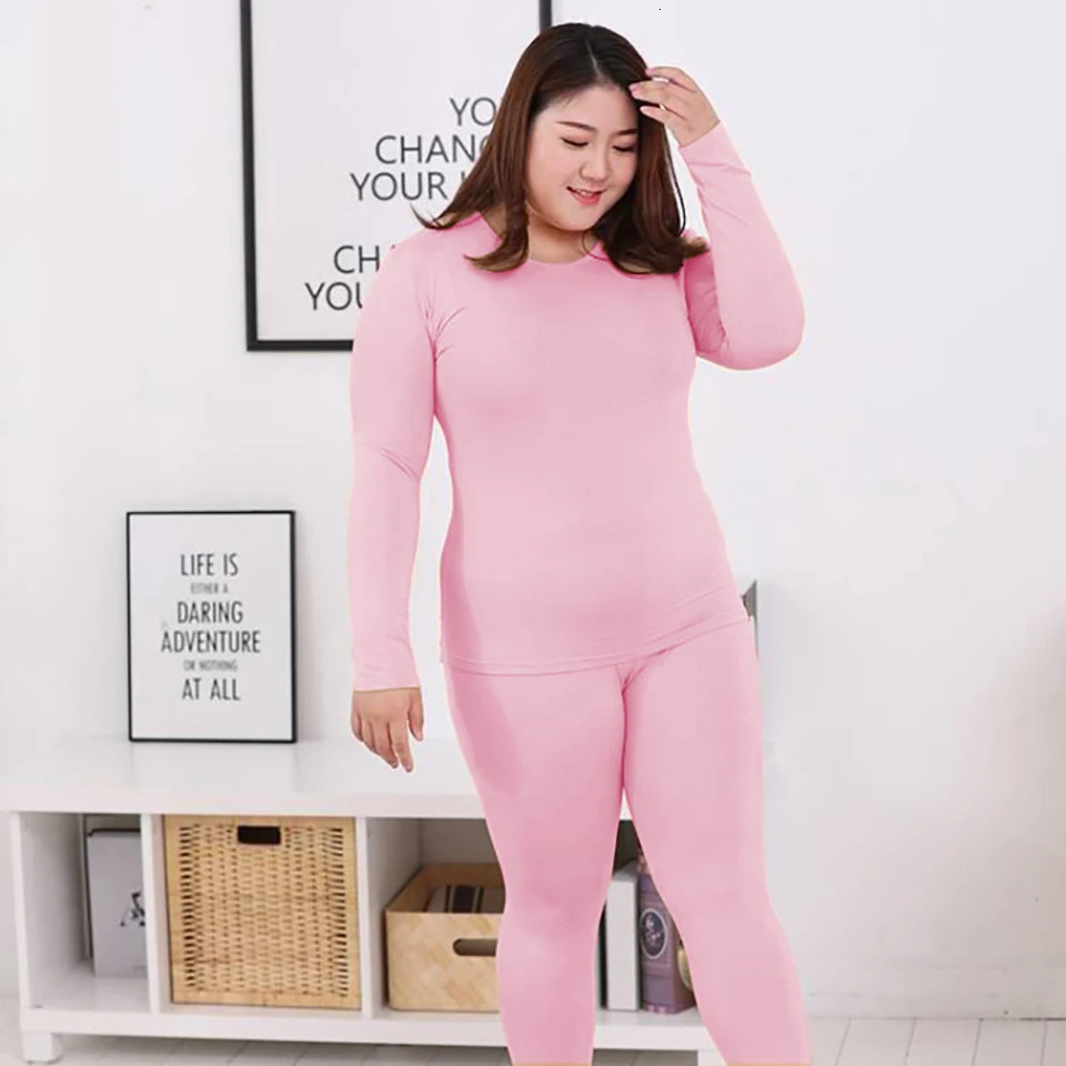 Plus Size Thermal Set Women Long Johns Set Solid Warm Thermal Underwear Thermo Long Sleeve Pants Pajamas Set Winter Home Clothes 241031
