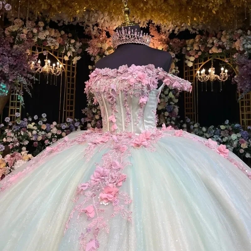 Mexican Light Mint Green Princess Quinceanera Dresses Ball Gown Pink 3D wers Appliques Lace Beading Tull Corset Sweet 16 Dress Vestidos De 15 Anos