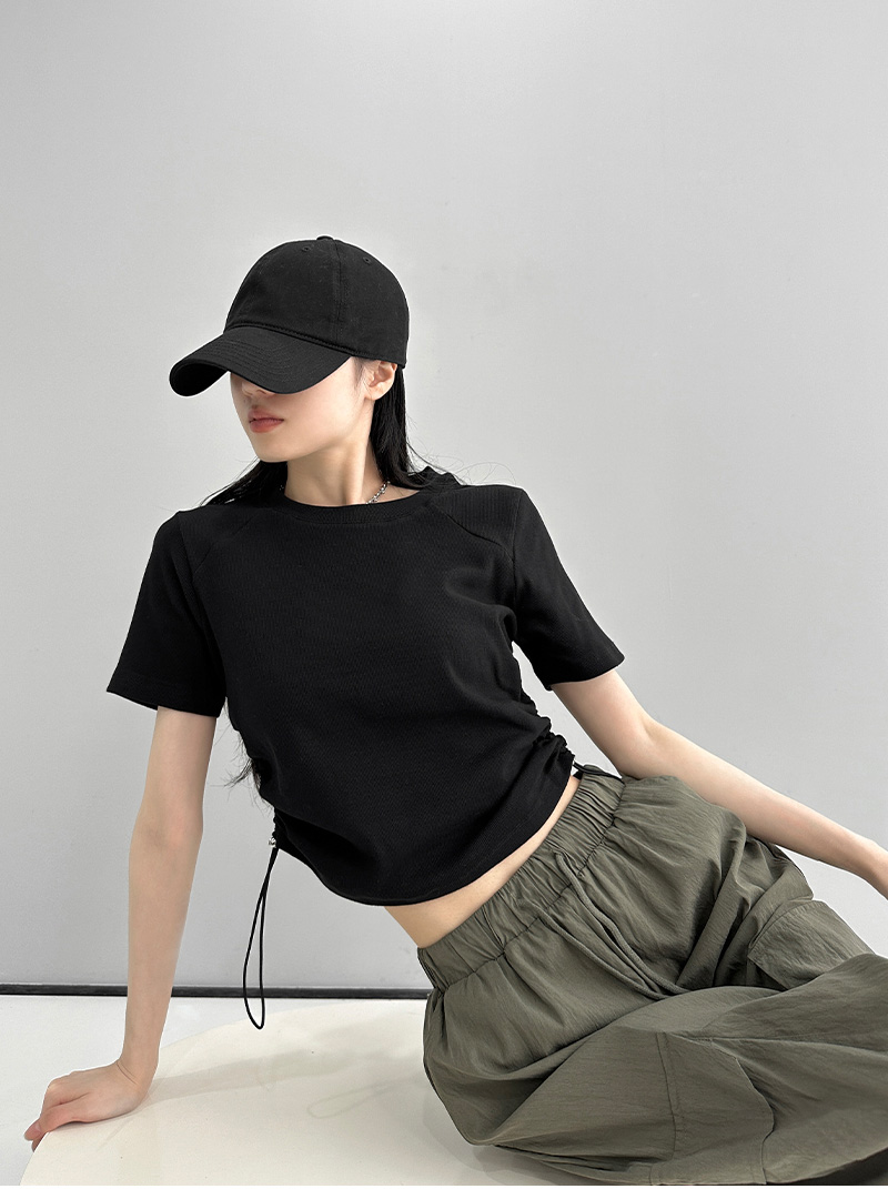 Dynamic girls in Europe and the United States wind positive shoulder small fly sleeve short-sleeved T-shirt female 2024 new solid colour ol spicy girl