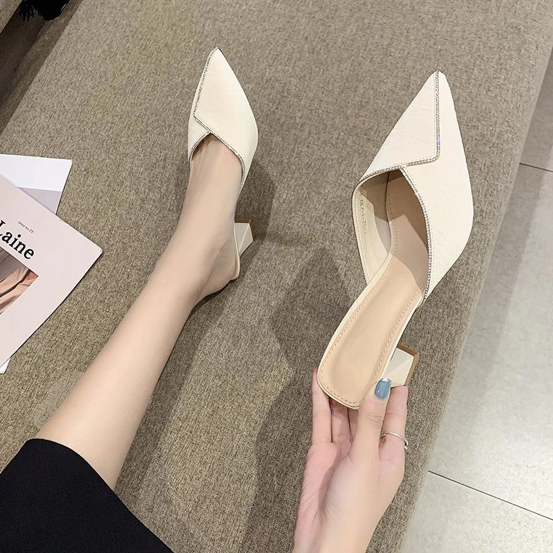 Net Red Baotou Half Slippers Women Wear Summer Fairy Feng Rhinestone Pointed Thick Heel High Heel Womens Shoes 241031