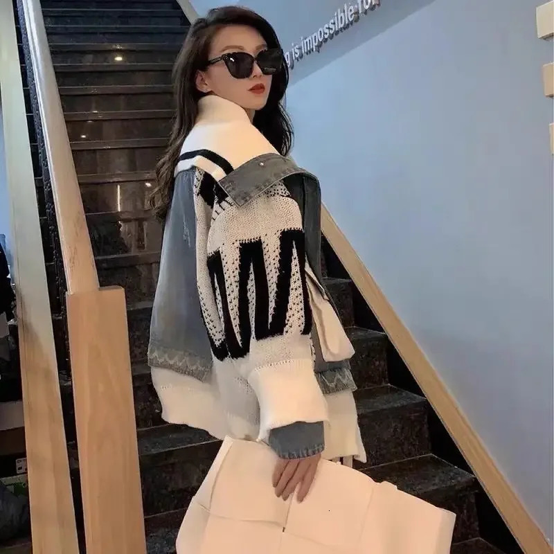 Womens Knitted Splicing Denim Jacket Autumn/Winter Sailor Collar Zipper Jeans Sweater Splicing Jacket Open Pocket 241025