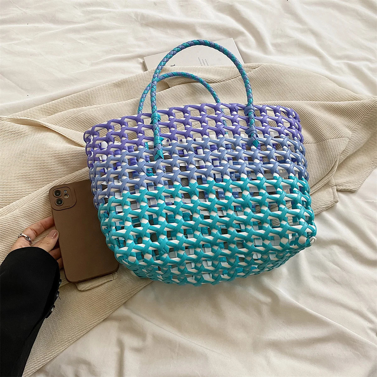 PVC Woven Tote Bag Summer Beach Large Capacity Plastic Hobo Hollow Out Fashion Shopping Trendy Handbag 241029