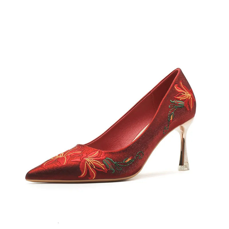 Women Pumps 2024 Spring Autumn Embroidery High Heels Shoes Women Sexy Pointed Toe Stiletto Heeled Party Wedding Shoes 241031