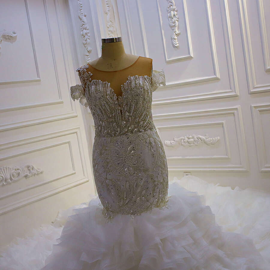 Royal Off The Shoulder Long Sleeve Pearls Mermaid Wedding Dress