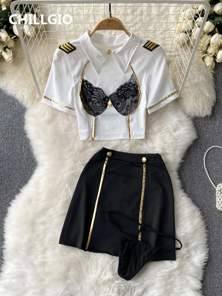 CHILLGIO Women Sexy Uniform Skirts Suits Lace Patchwork Turn-down Collar Tops Mini Skirt Underpants 3 Pieces Erotic Pajamas Sets 241031