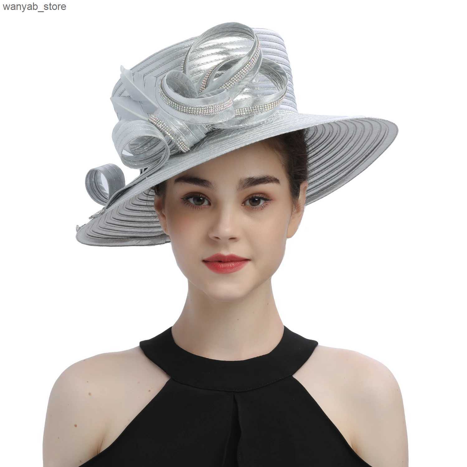 Stingy Brim Hats Fancy Silver Satin Cloth Church Hat Photography Hats Chains Fashion Formal Hat Flower Wedding Top Hat for Women Ladies Travel L240910