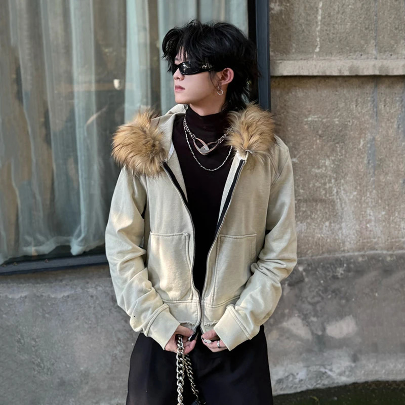 IEFB Fashion Mens Jackets Hooded Fur Collar Zipper Big Pockets Solid Color Slim Casual Male Shorts Coats Korean Style 9C8250 241031