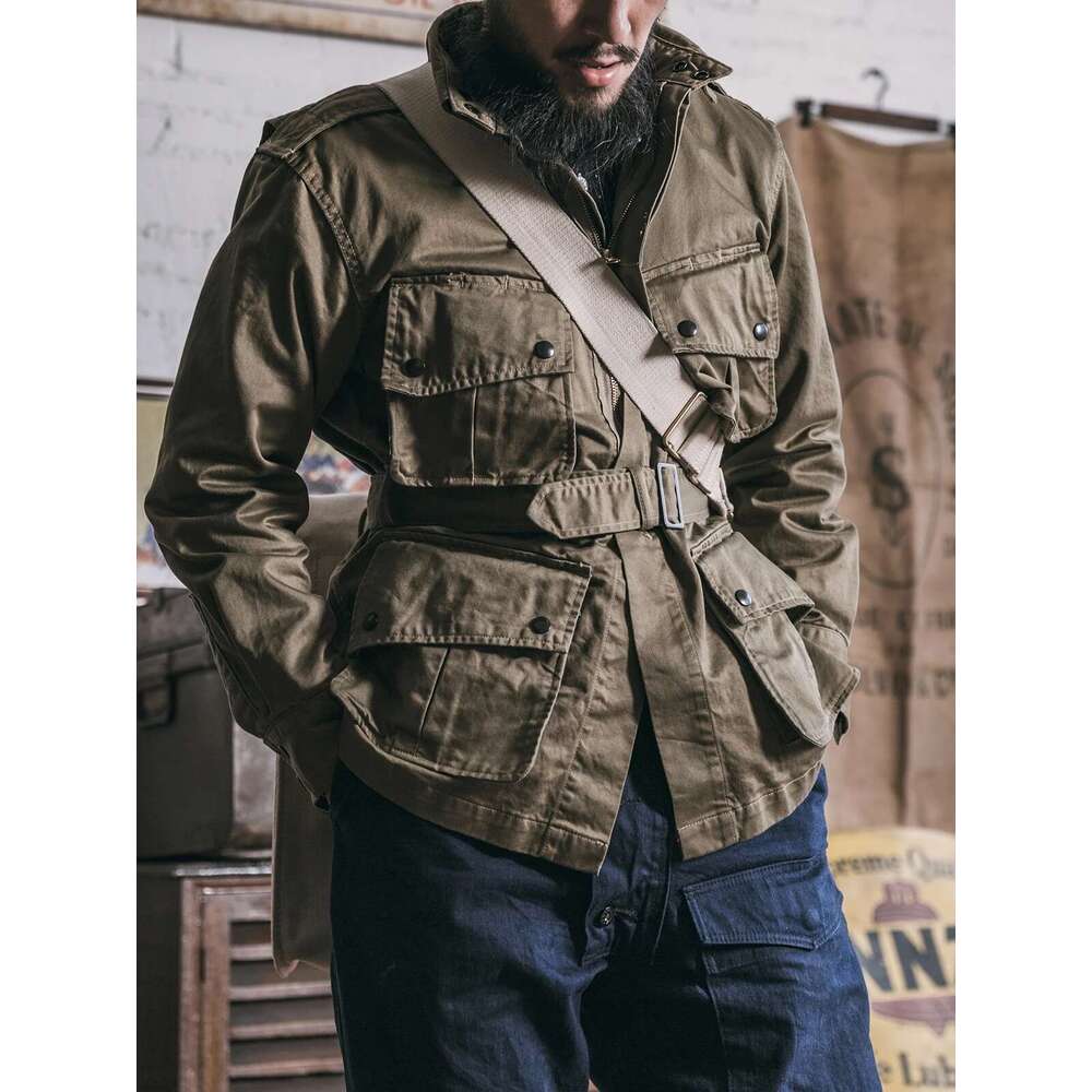 Red Bronson M1942 Paratrooper Jump Jacket Vintage Men's Cargo Outerwear Belted