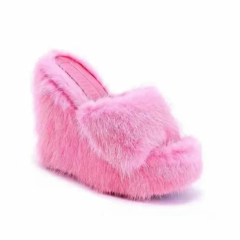 fur slider womens wedge high heels womens high heels womens high heels dress fashionable outdoor full matching shoe slider fur slider 241031