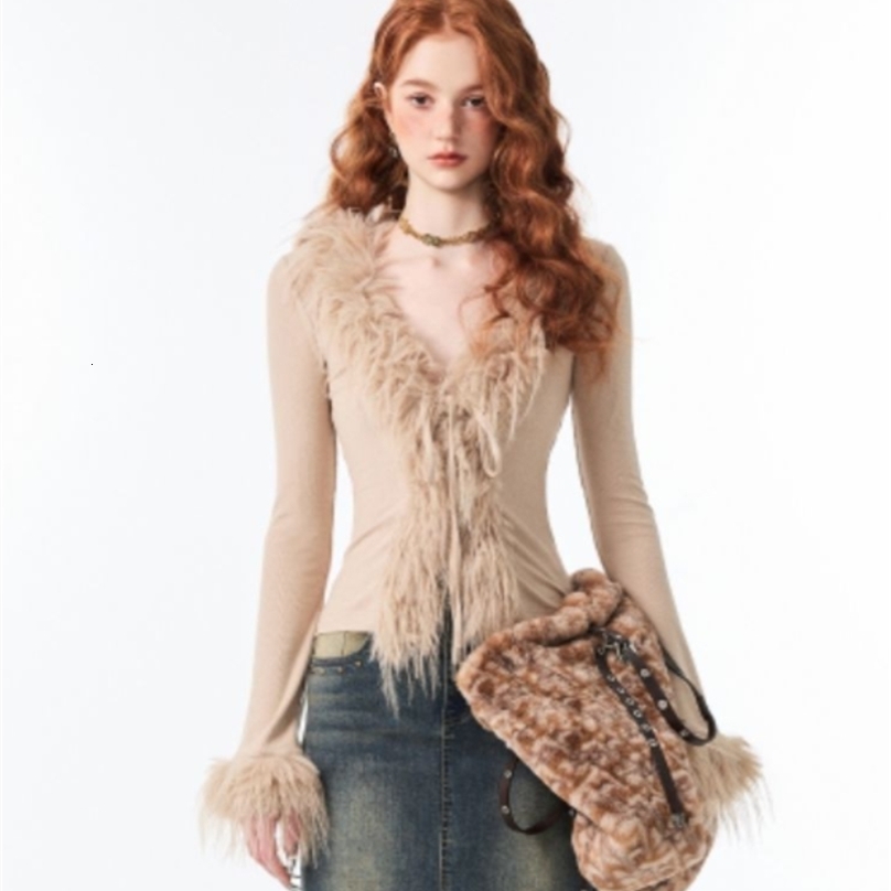 Elegant retro V-neck lace plush cardigan womens spring crop top long sleeved sweater sexy slim fit bottom top 241030