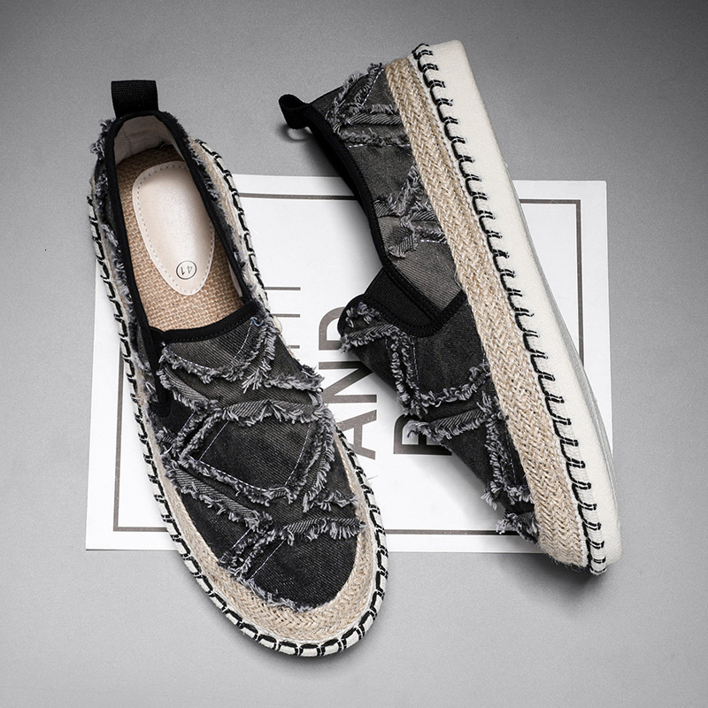 2024 New Black Loafers Fashion Handmade Flat Men Casual Canvas Shoes Breathable Fisherman Espadrilles Man Slip-on Shoe
