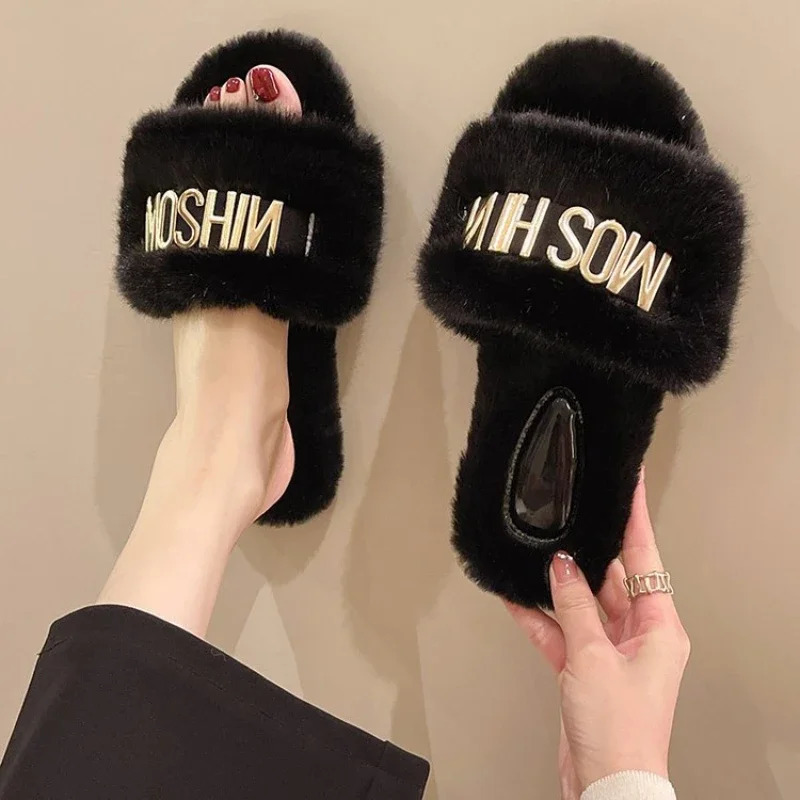 Plush slider womens autumn and winter metal flat cotton slider for warmth Zapatillas slider 241031