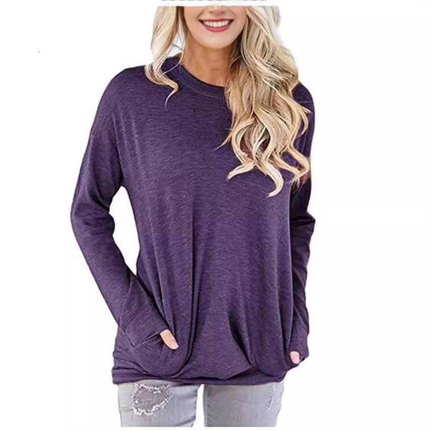 Designer's Autumn New Round Neck Bat Long Sleeve Pocket Decorative T-shirt