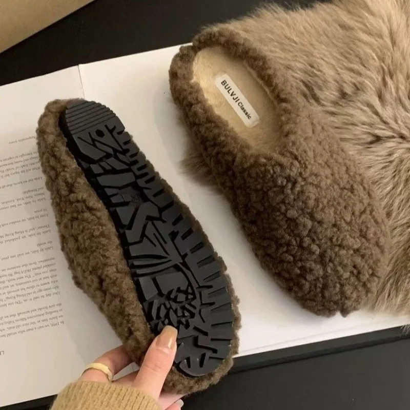 Style Real Leather Fur Women Horsehair Half Slippers Mule Flats Thick Sole Leisure Shoes 241031