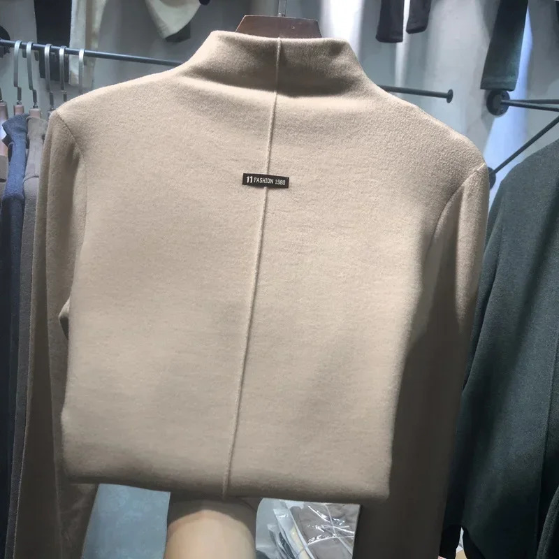 Harajuku half turtleneck Casual slim fleece Thick bottoming Tshirt autumn winter velvet Long Sleeve solid T Shirt Women y2k Top 241031